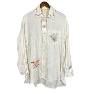 NWT Agua Bendita Ete Swan Shirt 100% Linen Embroidered Cream M/L Cover Up Resort
